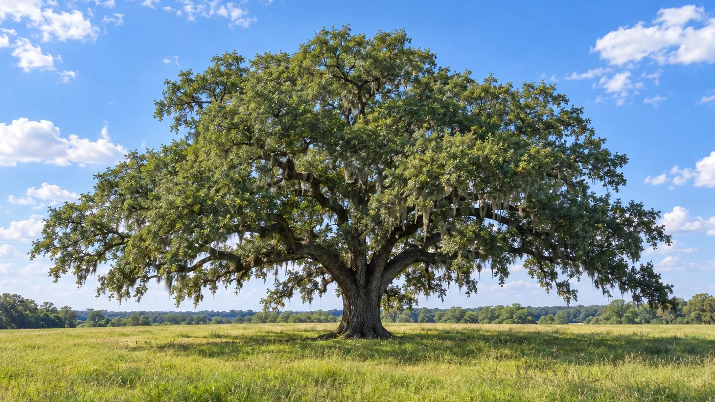 A broad oak standing alone in open grassland.